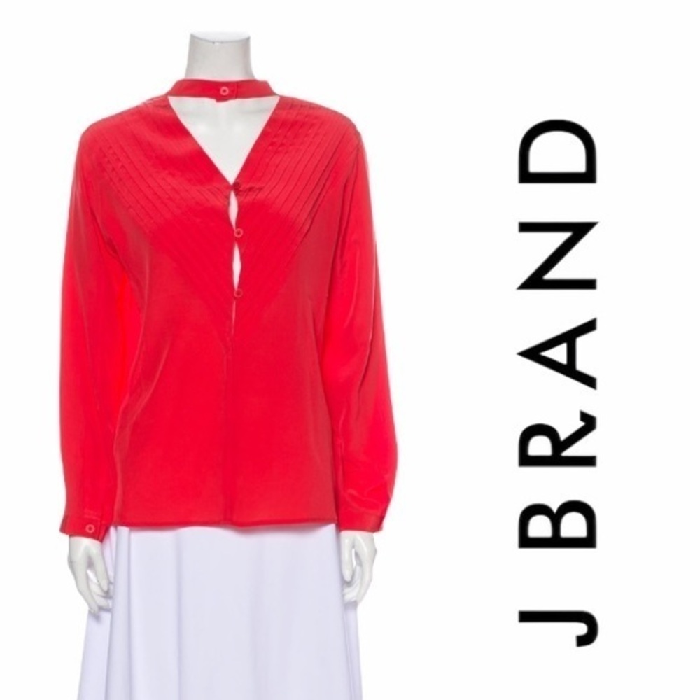 J Brand Silk Button V Neck Choker Collar Blouse |M pleated